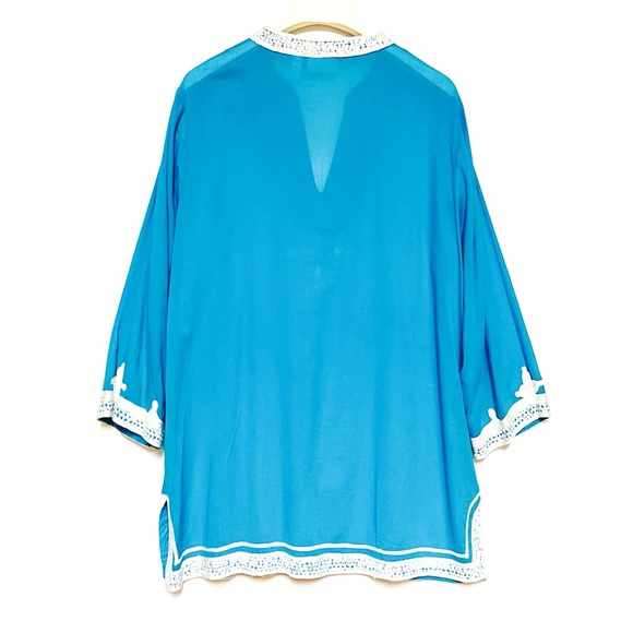 Chicos Tunic Top Embroidered Womens Size 2 Large Sequins Beachy Boho Capri Blue - Picture 3 of 11